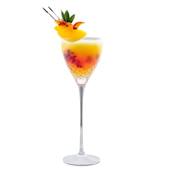 Hurricane glass tall and curvy filled with a vibrant multi layered cocktail adorned with a. Drink isolated on transparent background