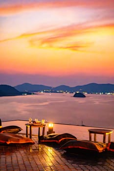 View of rooftop bar in Panwa beach at sunset, in Phuket, Thailand, south east Asia