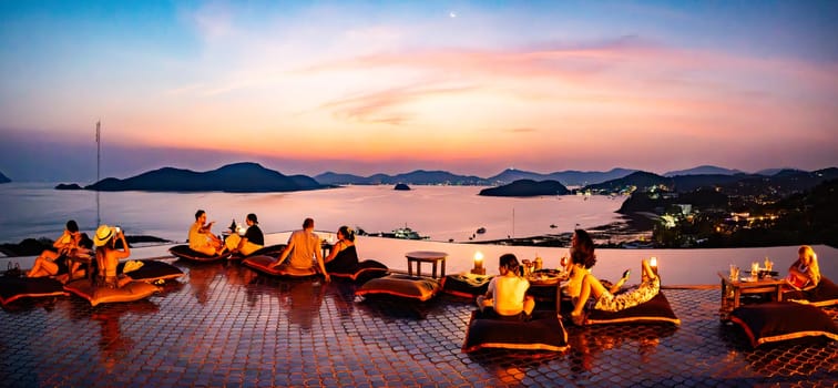 View of rooftop bar in Panwa beach at sunset, in Phuket, Thailand, south east Asia