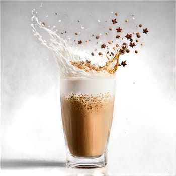 Chai latte with tea leaves spices milk and ice cubes swirling in a glass with. Food isolated on transparent background.