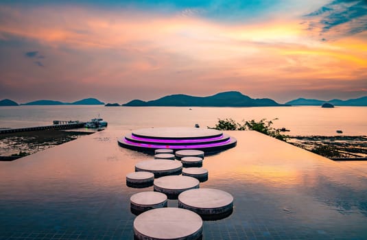 View of Cape Panwa beach at sunset, in Phuket, Thailand, south east Asia