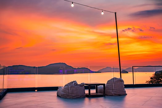 View of rooftop bar in Panwa beach at sunset, in Phuket, Thailand, south east Asia