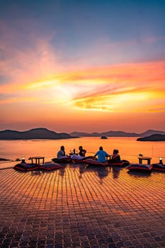 View of rooftop bar in Panwa beach at sunset, in Phuket, Thailand, south east Asia