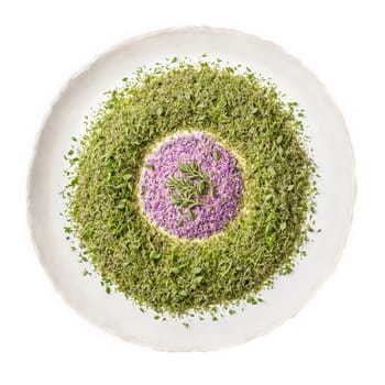 Herbes de Provence spices mandala a circular pattern of thyme basil and oregano with steam. Food isolated on transparent background.