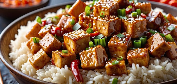 Rice, tofu, dinner. Tso s sesame tofu, rice, dinner. Glazed tofu cubes on rice, garnished with sesame seeds, green onions in bowl on wooden table