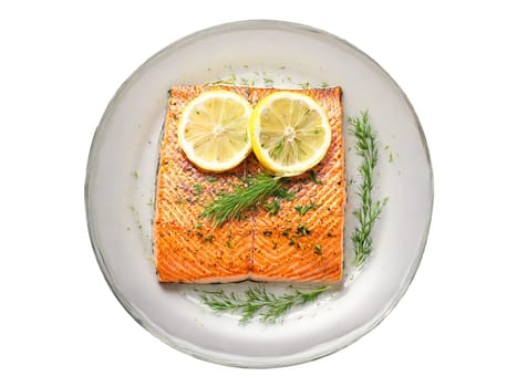 Grilled salmon fillet with lemon slices and dill served on a clear glass dish floating. Food isolated on transparent background.