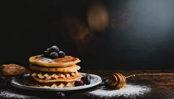  Belgian waffles with strawberries, blueberries and syrup on wooden table.