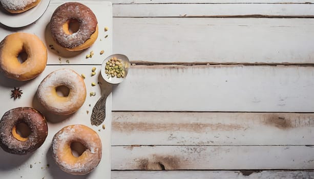 Variety of donuts over a rustic background shot from overhead 