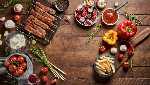 Copy Space image with top view of Barbecue menu. Grilled meat and vegetables on rustic wooden