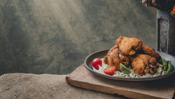 Copy Space image of Fried and Crispy Chicken Gizzards on a Rustic Wooden Table with landscape view