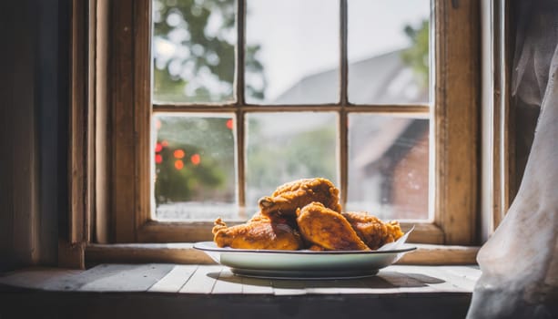 Copy Space image through the window of Fried Breaded chicken tender