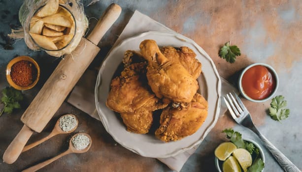 Copy Space image of crunchy Baked Chicken Tenders on a plate with tomato sauce, flat lay, free space