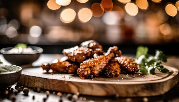 Copy Space image of Grilled chicken wings with sauces on a wooden board. Traditional baked bbq buffalo wing on bokeh