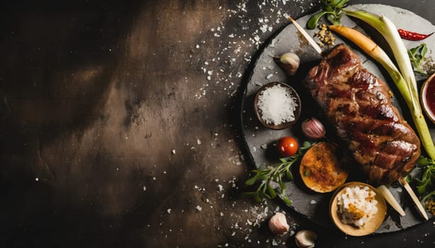 Copy Space image of BBQ Grilled rib eye steak, fried rib eye beef meat on a plate with green salad. Dark