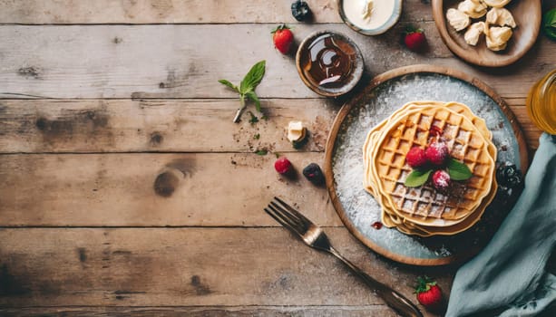 Freshly made belgian waffles with honey flows and powdered sugar.