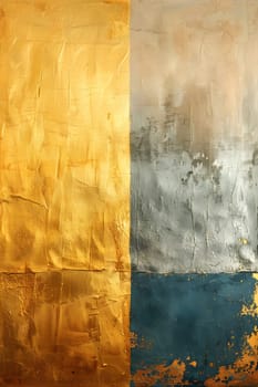 A calm natural landscape painting in tints and shades of gold and blue, displayed as a closeup on a wooden wall. The art depicts a horizon in a rectangle format