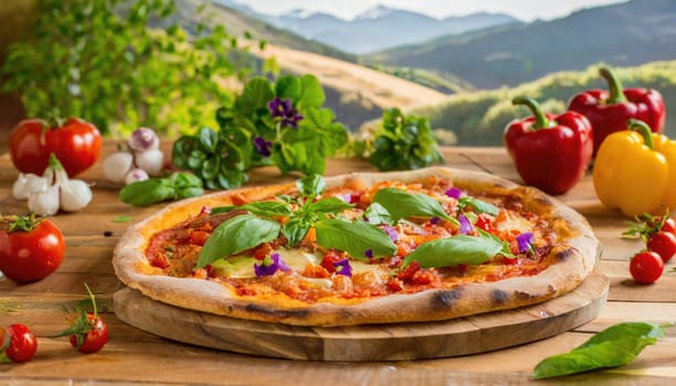 Pizza Margherita on wooden background, landscape view background.