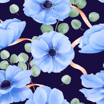 A seamless design watercolor flowers against a dark background. Graceful blue anemones, satin ribbons, and eucalyptus leaves. Perfect for textile patterns, digital backdrops, stationery.