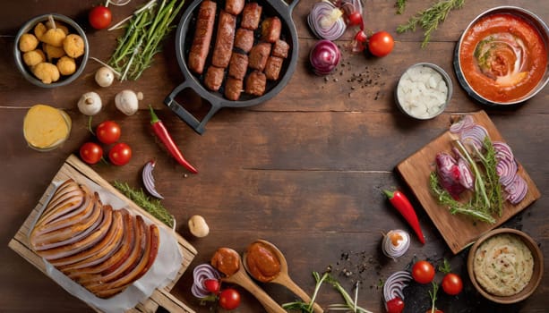 Copy Space image with top view of Barbecue menu. Grilled meat and vegetables on rustic wooden