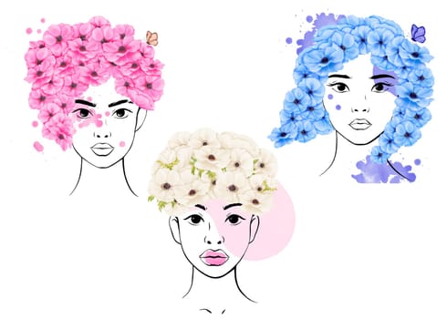 collection of linear portraits featuring beautiful women of diverse ethnicities. Their hairstyles adorned with pink anemone flowers, embellished with butterflies and delicate watercolor splashes.