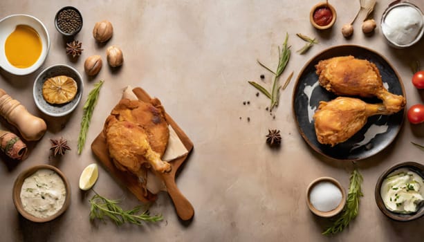 Copy Space image of Breaded chicken drumstick, leg, wing and breast tenders strips.