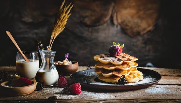  Belgian waffles with strawberries, blueberries and syrup on wooden table.