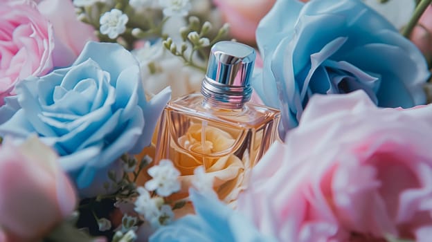 Perfume bottle with beautiful flowers. Floral background. Beauty concept. Flat lay, top view.