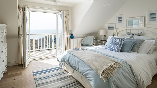 Beautiful interior of luxury bedroom with window sea view. Coastal cottage concept. High quality photo