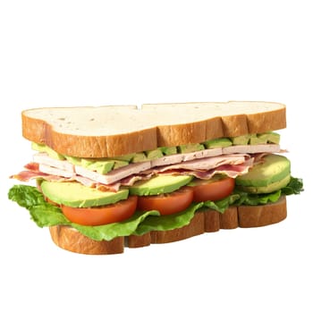 Turkey and avocado club sandwich sliced turkey avocado bacon lettuce tomato mayonnaise toasted white bread. Food isolated on transparent background