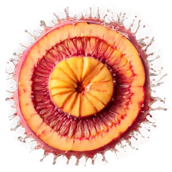 Peach mandala a fuzzy arrangement of ripe peaches with slices flying and juice splashing. Food isolated on transparent background.