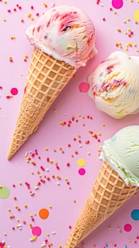 Scoops of ice cream in a waffle cones on a colorful background