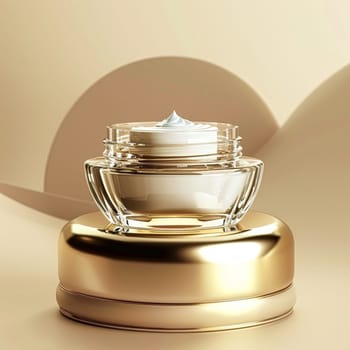 Face cream in a glass jar on a white and gold background. Skin care concept. Backdrop for beauty cosmetic products