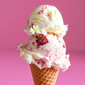 Scoops of ice cream in a waffle cone on a colorful background