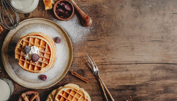 Freshly made belgian waffles with honey flows and powdered sugar.