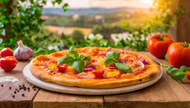 Pizza Margherita on wooden background, landscape view background.