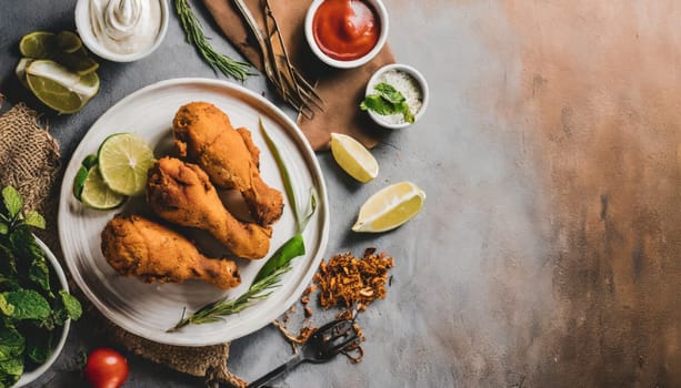 Copy Space image of crunchy Baked Chicken Tenders on a plate with tomato sauce, flat lay, free space