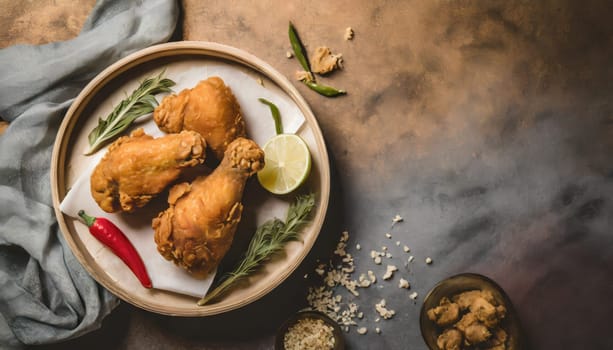 Copy Space image of crunchy Baked Chicken Tenders on a plate with tomato sauce, flat lay, free space