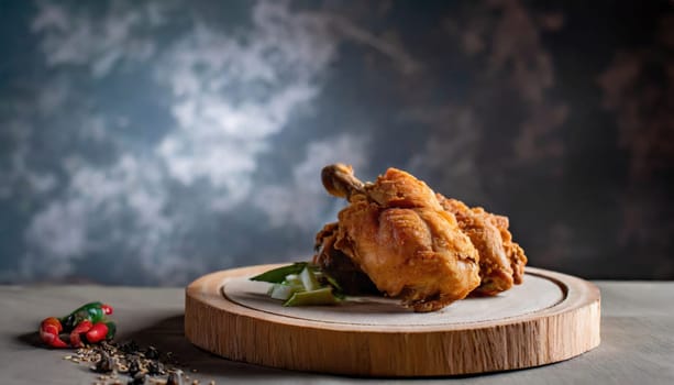 Copy Space image of Fried and Crispy Chicken Gizzards on a Rustic Wooden Table with landscape view