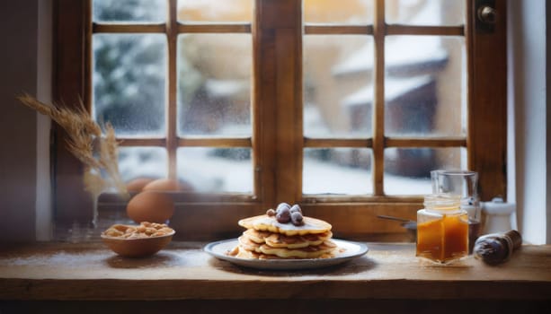 Copy Space image through windows of Belgian waffles with berries and powdered sugar in a white plate