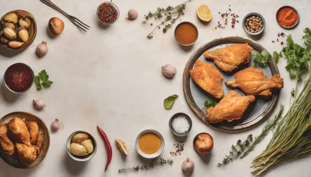 Copy Space image of Breaded chicken drumstick, leg, wing and breast tenders strips.