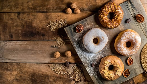 Copy Space image of Multi colored assortment of donuts with sprinkles and frosting on dark black wooden background