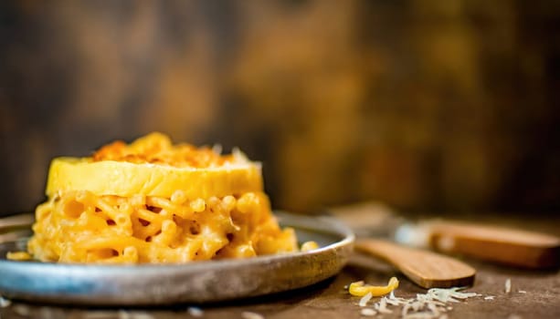 Copy Space image of warm and delicious homemade baked schotel macaroni