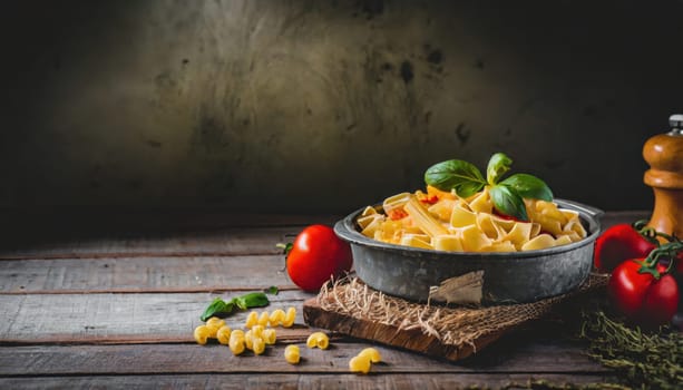 Copy Space image of Mac and cheese american macaroni pasta with cheesy Cheddar sauce with landscape view background.