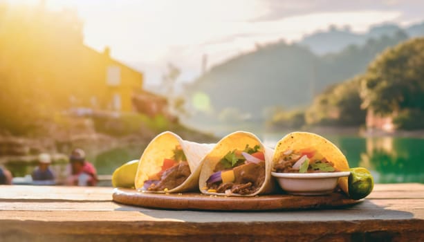 Copy Space image of Wooden board with delicious tortillas on kitchen table on landscape view