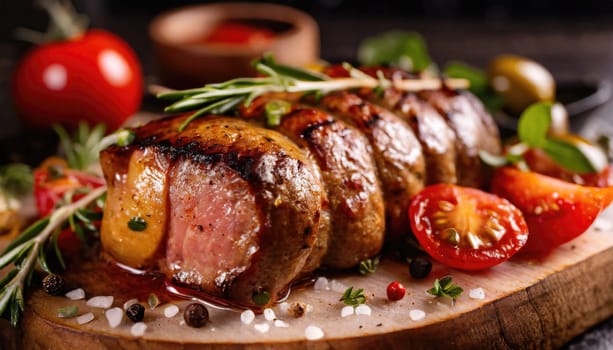 Copy Space image with close up of barbecue ribs on cutting board over wooden