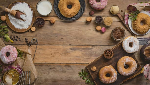 Variety of donuts over a rustic background shot from overhead 