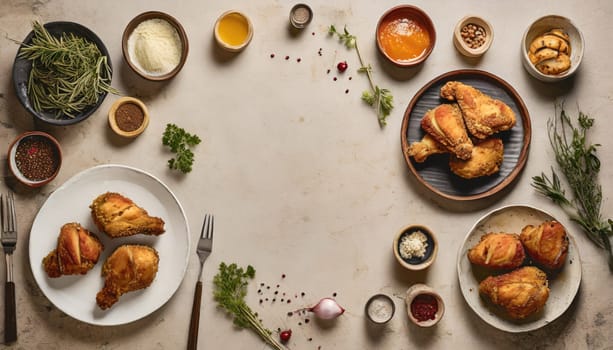 Copy Space image of Breaded chicken drumstick, leg, wing and breast tenders strips.