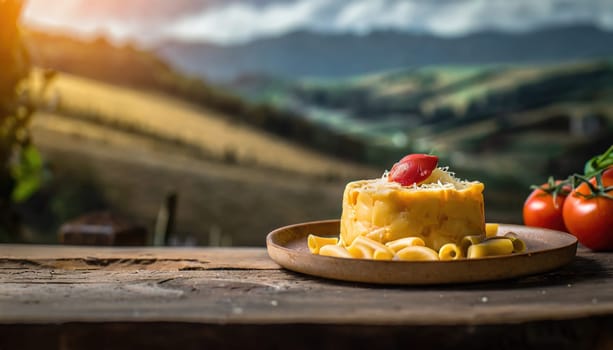 Copy Space image of Mac and cheese american macaroni pasta with cheesy Cheddar sauce with landscape view background.