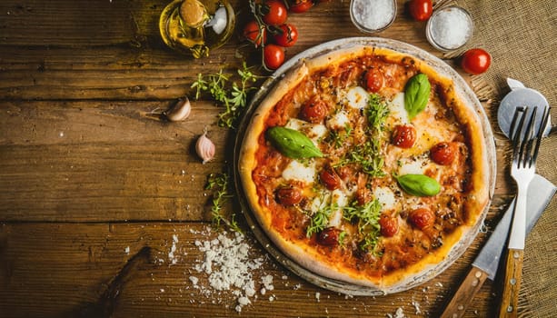 Copy Space image of Pizza Margherita on wooden background, Pizza Margarita