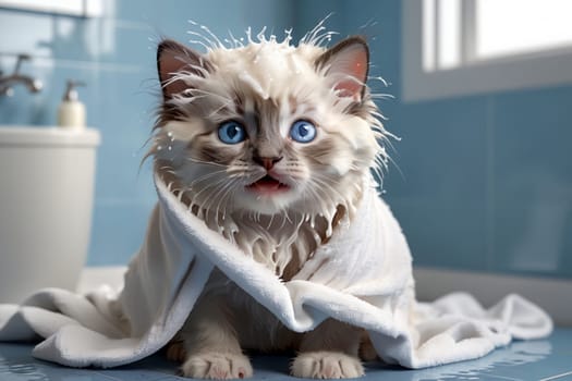 cat wrapped in a towel after a shower .